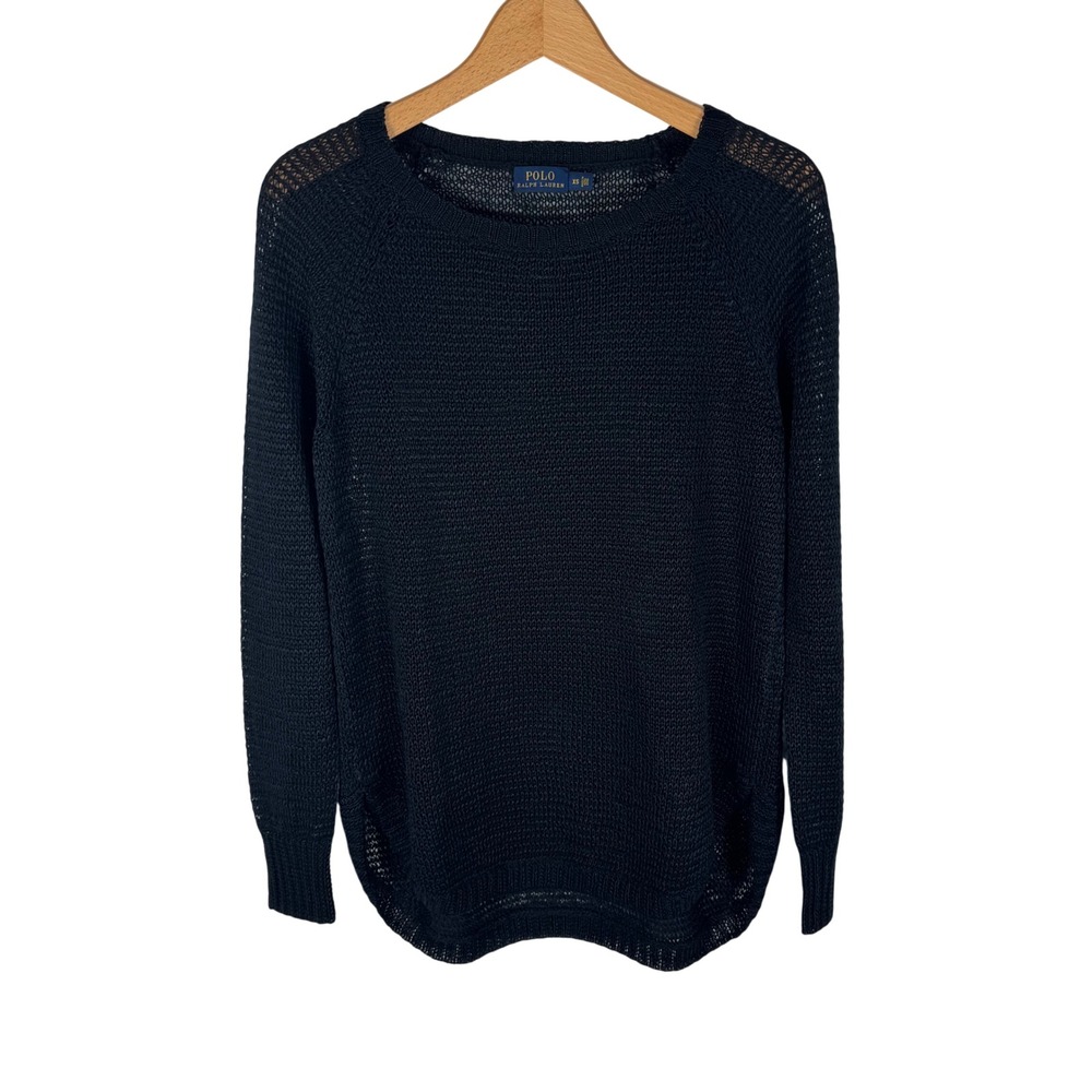 Polo Ralph Lauren Linen Open Knit Mesh Crew Neck Sweater Womens‎ XS Blue Raglan